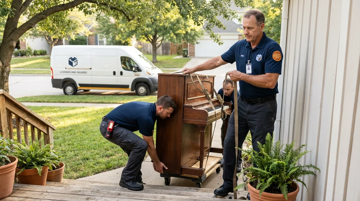 Licensed piano movers securing grand piano in Kingston, WA