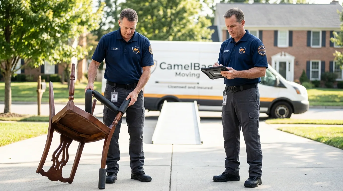 Movers inspecting furniture for damage prevention before loading in Kingston, WA