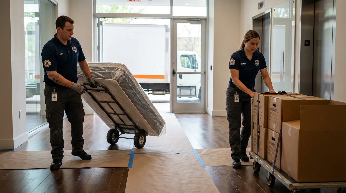 Professional apartment movers loading elevator in Kingston, WA