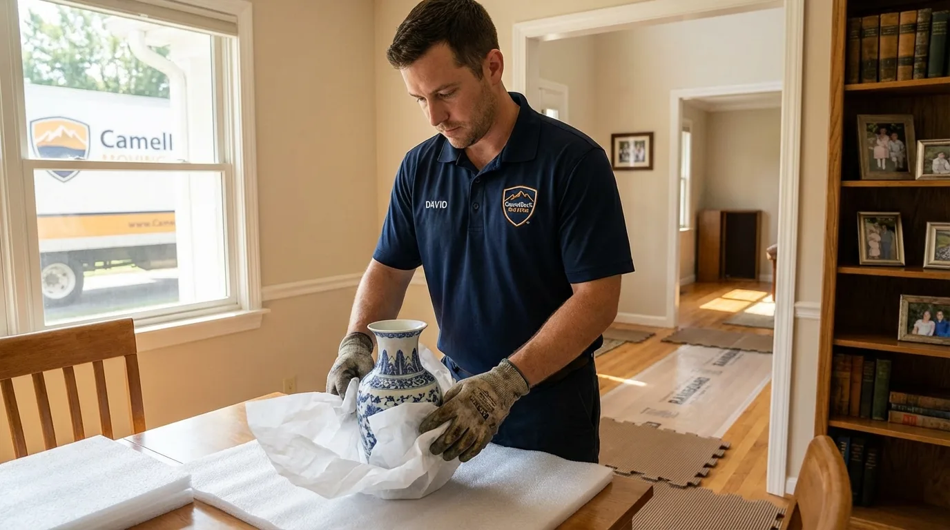 Professional crew carefully wrapping antique vase for senior downsizing move in Kingston, WA